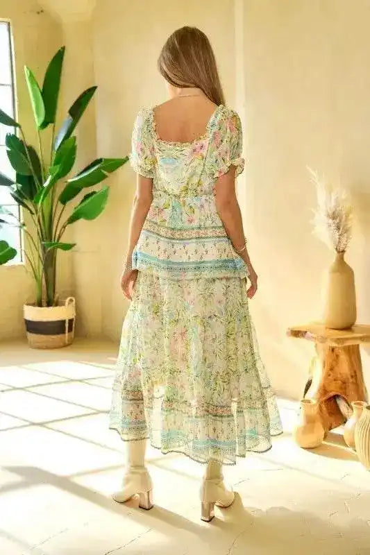 Davi & Dani Spring Floral Border Print Ruffled Textured Top - Sleekdenim.com