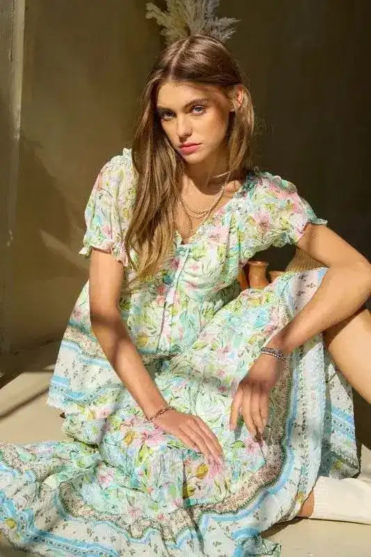 Davi & Dani Spring Floral Border Print Ruffled Textured Top - Sleekdenim.com