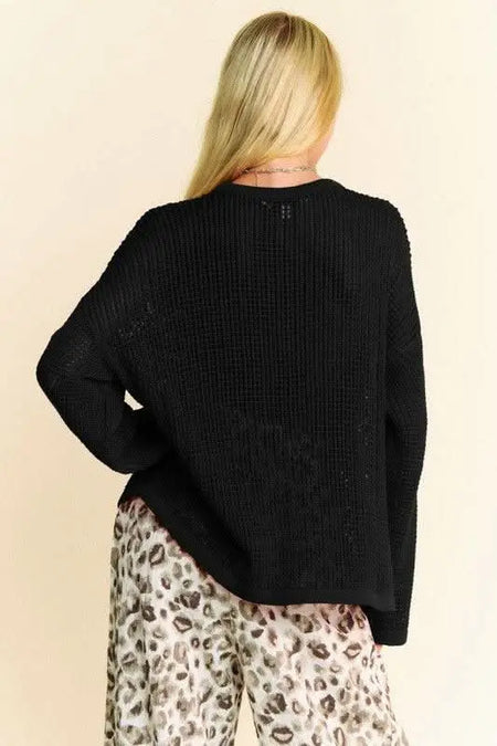 Davi & Dani Star Front Crochet Drop Shoulder Knit Top - Sleekdenim.com