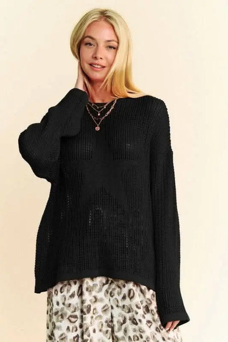 Davi & Dani Star Front Crochet Drop Shoulder Knit Top - Sleekdenim.com