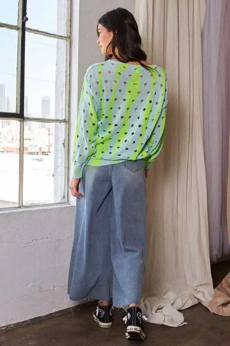 Davi & Dani Two - Tone Ribbed Hem Openwork Knit Top - Sleekdenim.com