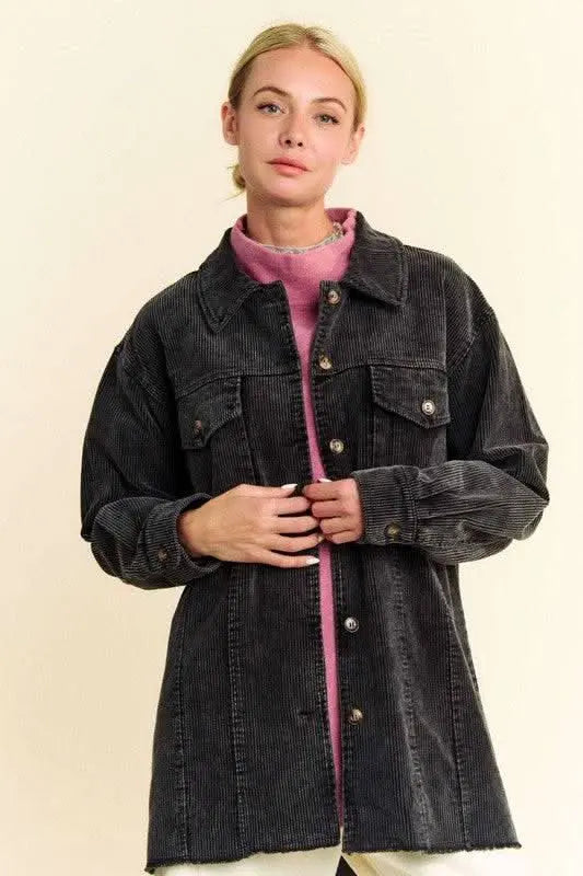 Davi & Dani Washed Corduroy Raw Hem Button Up Jacket - Sleekdenim.com