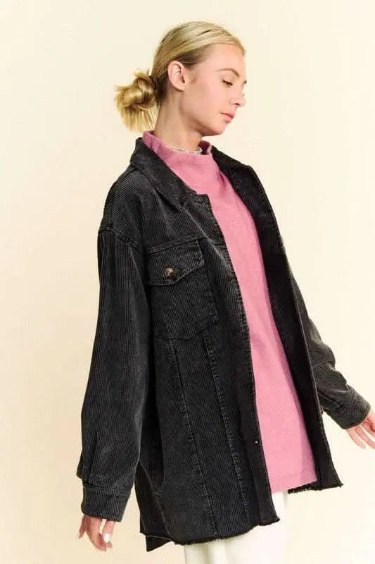 Davi & Dani Washed Corduroy Raw Hem Button Up Jacket - Sleekdenim.com