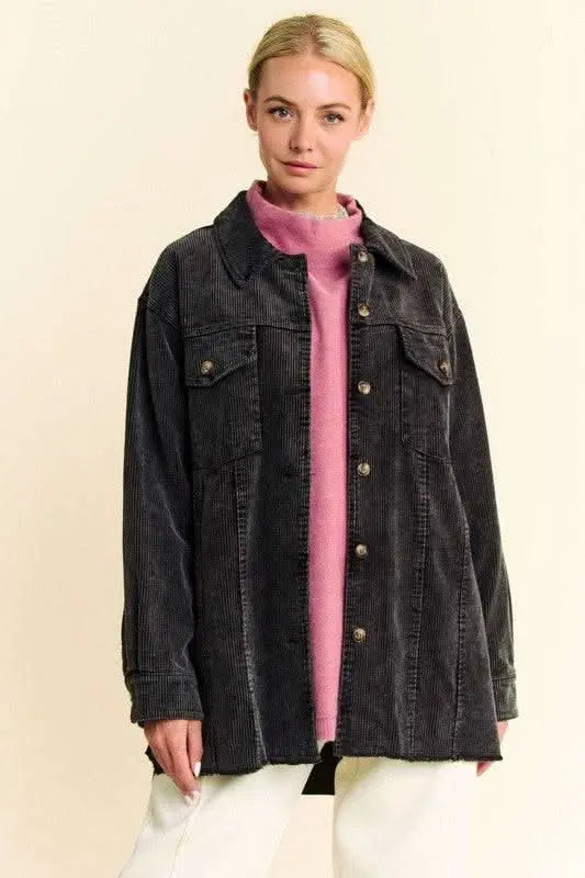 Davi & Dani Washed Corduroy Raw Hem Button Up Jacket - Sleekdenim.com