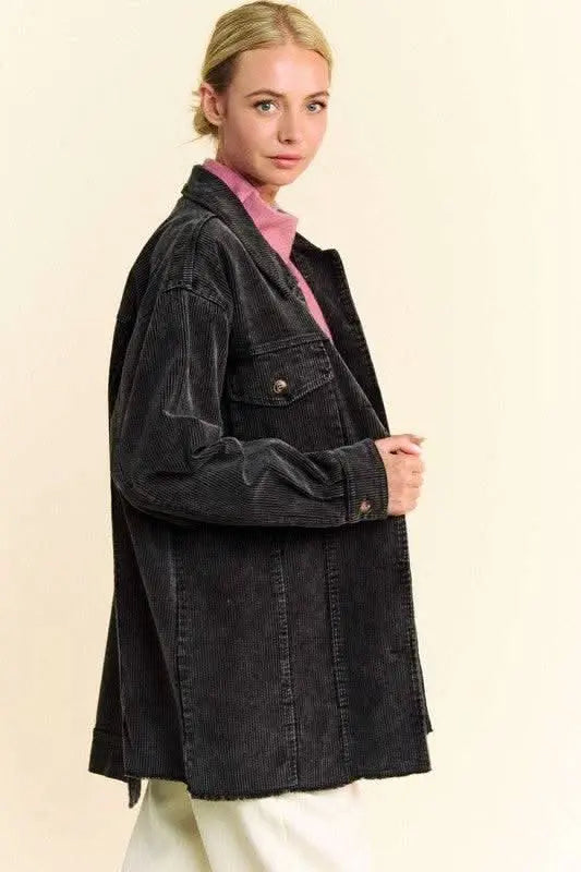 Davi & Dani Washed Corduroy Raw Hem Button Up Jacket - Sleekdenim.com