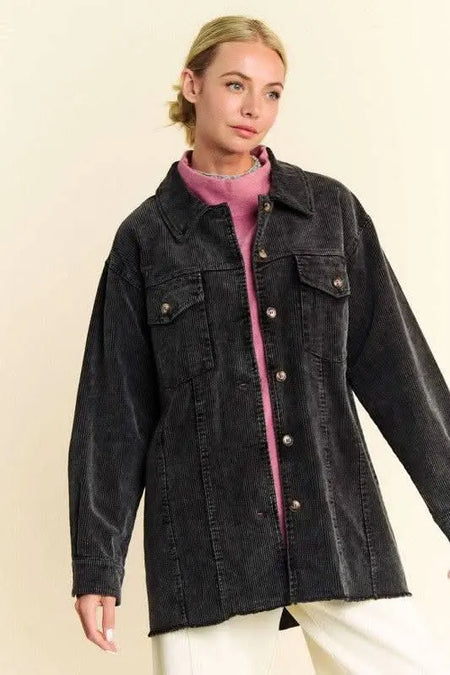 Davi & Dani Washed Corduroy Raw Hem Button Up Jacket - Sleekdenim.com