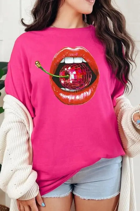 Disco Cherry Lips Graphic Heavy Cotton Tee - Sleekdenim.com