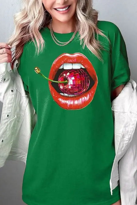 Disco Cherry Lips Graphic Heavy Cotton Tee - Sleekdenim.com