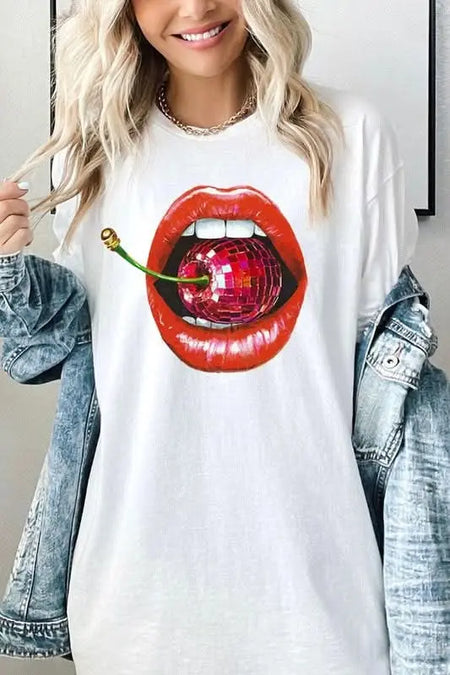 Disco Cherry Lips Graphic Heavy Cotton Tee - Sleekdenim.com