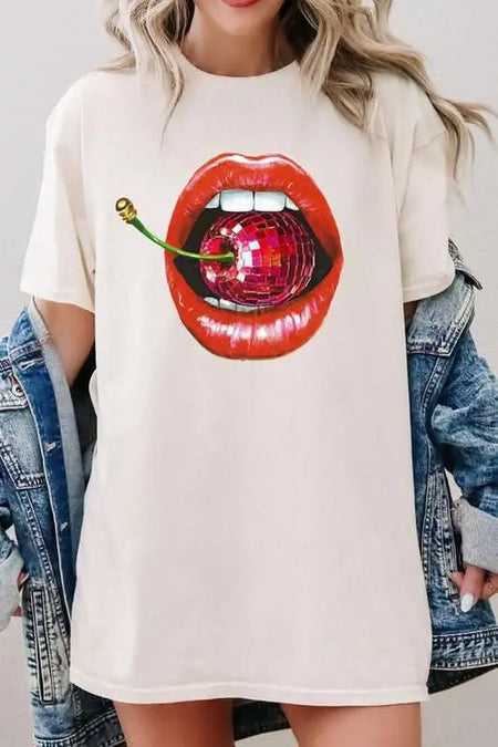 Disco Cherry Lips Graphic Heavy Cotton Tee - Sleekdenim.com