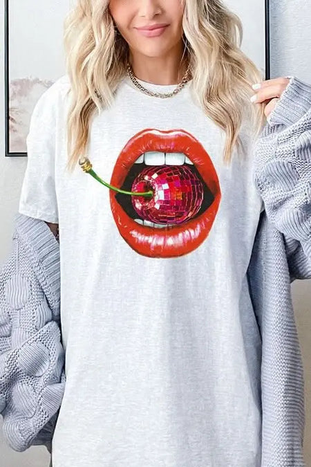 Disco Cherry Lips Graphic Heavy Cotton Tee - Sleekdenim.com