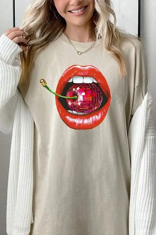 Disco Cherry Lips Graphic Heavy Cotton Tee - Sleekdenim.com