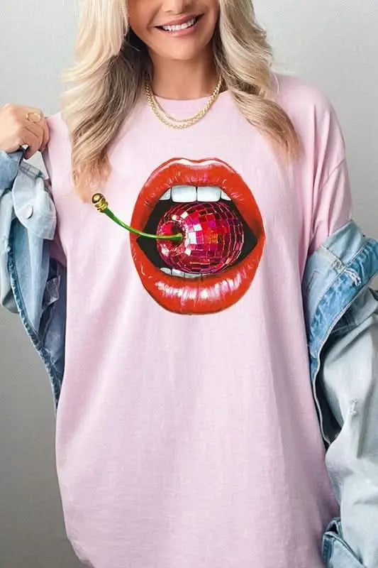 Disco Cherry Lips Graphic Heavy Cotton Tee - Sleekdenim.com