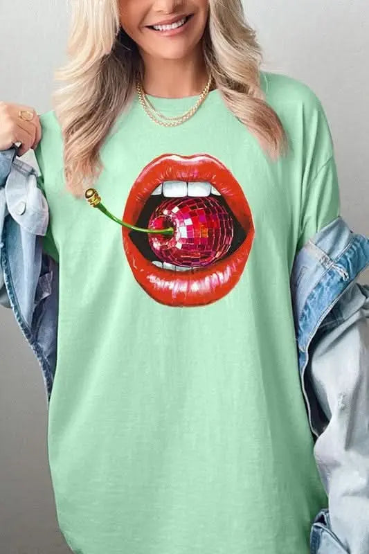 Disco Cherry Lips Graphic Heavy Cotton Tee - Sleekdenim.com