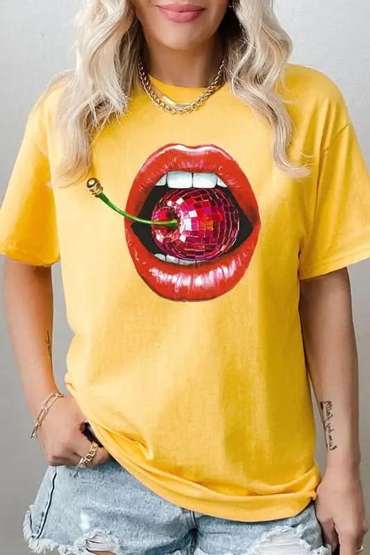 Disco Cherry Lips Graphic Heavy Cotton Tee - Sleekdenim.com