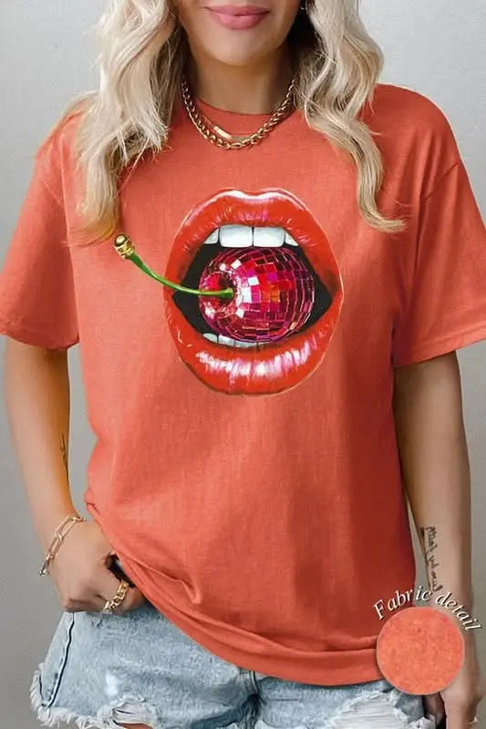 Disco Cherry Lips Graphic Heavy Cotton Tee - Sleekdenim.com