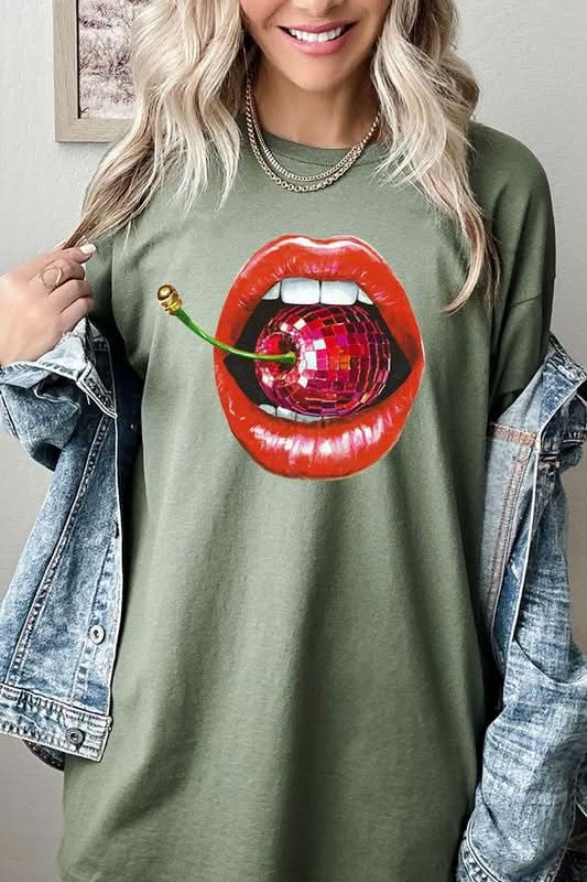 Disco Cherry Lips Graphic Heavy Cotton Tee - Sleekdenim.com