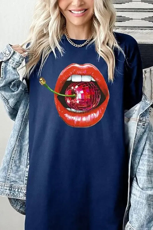 Disco Cherry Lips Graphic Heavy Cotton Tee - Sleekdenim.com