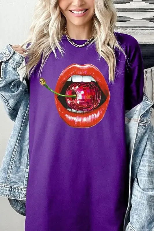 Disco Cherry Lips Graphic Heavy Cotton Tee - Sleekdenim.com