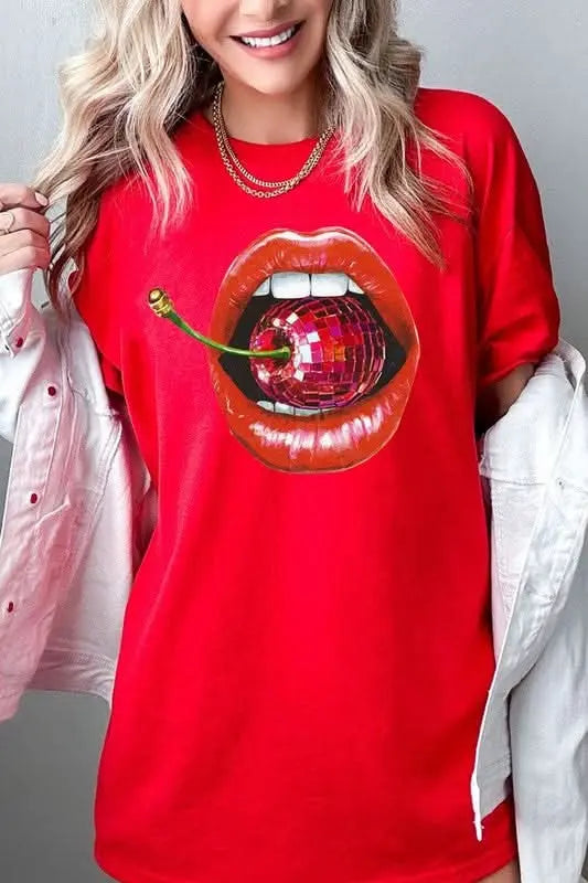 Disco Cherry Lips Graphic Heavy Cotton Tee - Sleekdenim.com