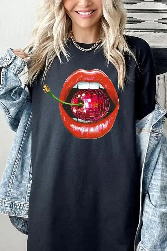 Disco Cherry Lips Graphic Heavy Cotton Tee - Sleekdenim.com