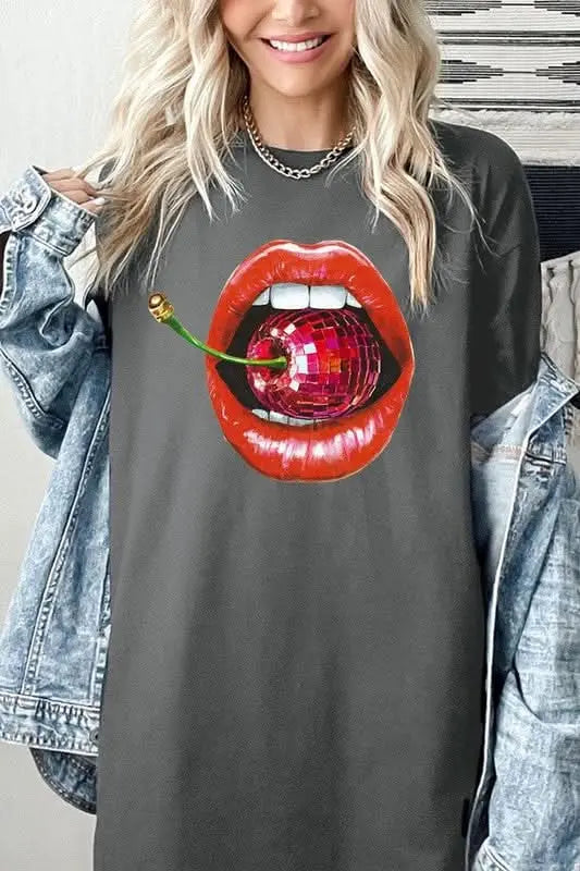 Disco Cherry Lips Graphic Heavy Cotton Tee - Sleekdenim.com