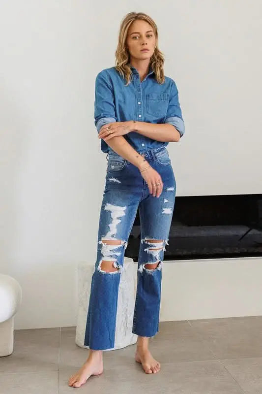 Distressed High Rise Ankle Relaxed Straight Jeans - Sleekdenim.com