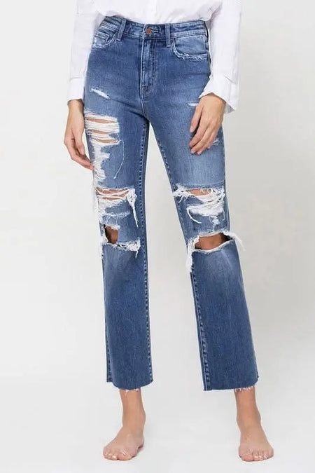 Distressed High Rise Ankle Relaxed Straight Jeans - Sleekdenim.com