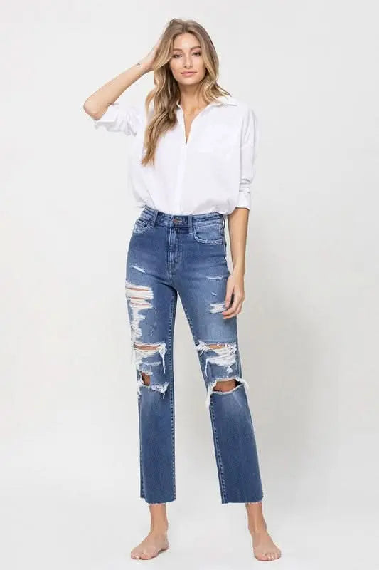 Distressed High Rise Ankle Relaxed Straight Jeans - Sleekdenim.com