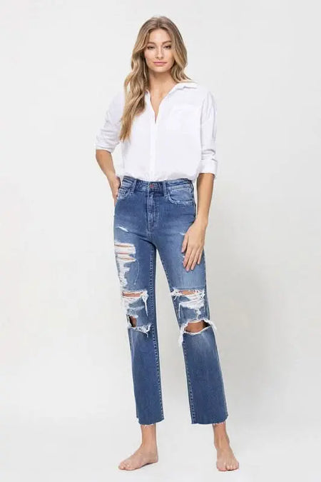 Distressed High Rise Ankle Relaxed Straight Jeans - Sleekdenim.com