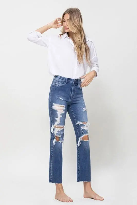 Distressed High Rise Ankle Relaxed Straight Jeans - Sleekdenim.com