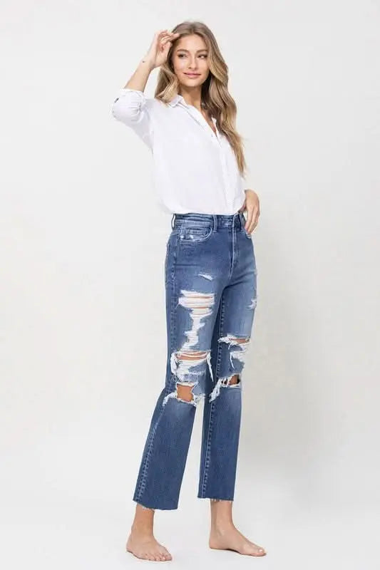 Distressed High Rise Ankle Relaxed Straight Jeans - Sleekdenim.com