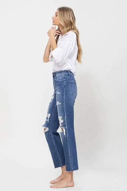 Distressed High Rise Ankle Relaxed Straight Jeans - Sleekdenim.com