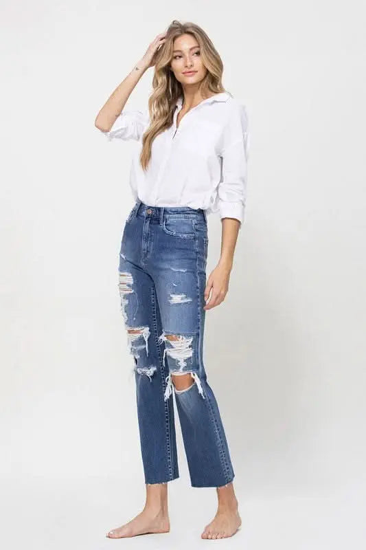 Distressed High Rise Ankle Relaxed Straight Jeans - Sleekdenim.com