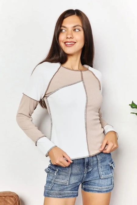 Double Take Color Block Exposed Seam Top - Sleekdenim.com