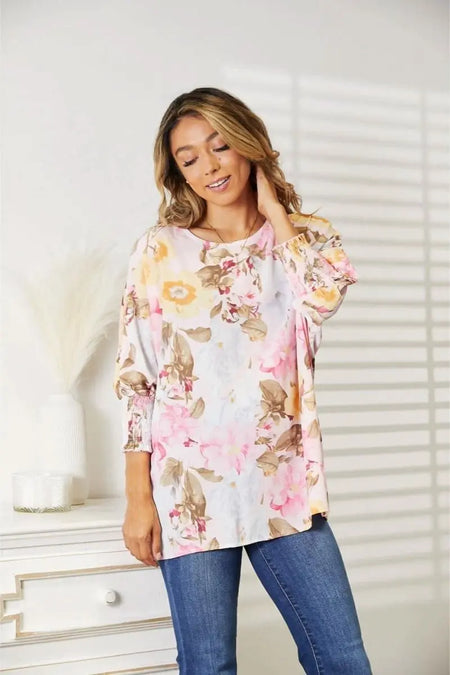 Double Take Floral Round Neck Three - Quarter Sleeve Top - Sleekdenim.com