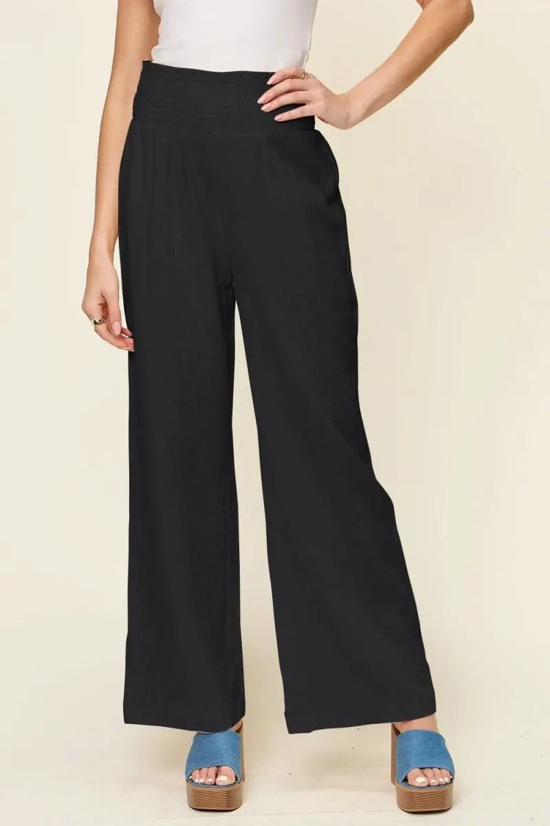 Double Take Full Size Texture Smocked Waist Wide Leg Pants - Sleekdenim.com