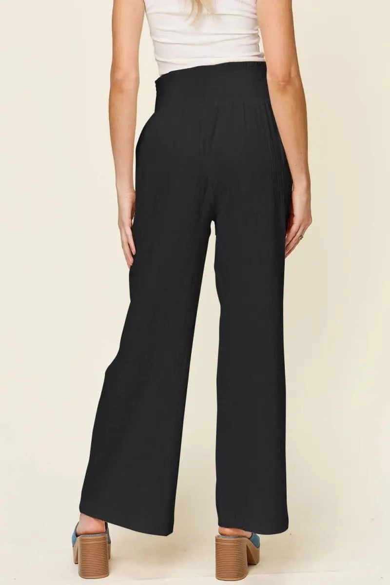 Double Take Full Size Texture Smocked Waist Wide Leg Pants - Sleekdenim.com