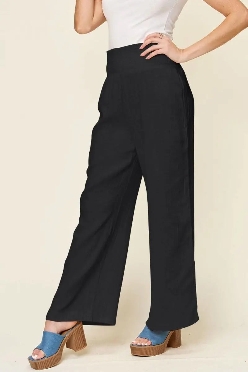 Double Take Full Size Texture Smocked Waist Wide Leg Pants - Sleekdenim.com