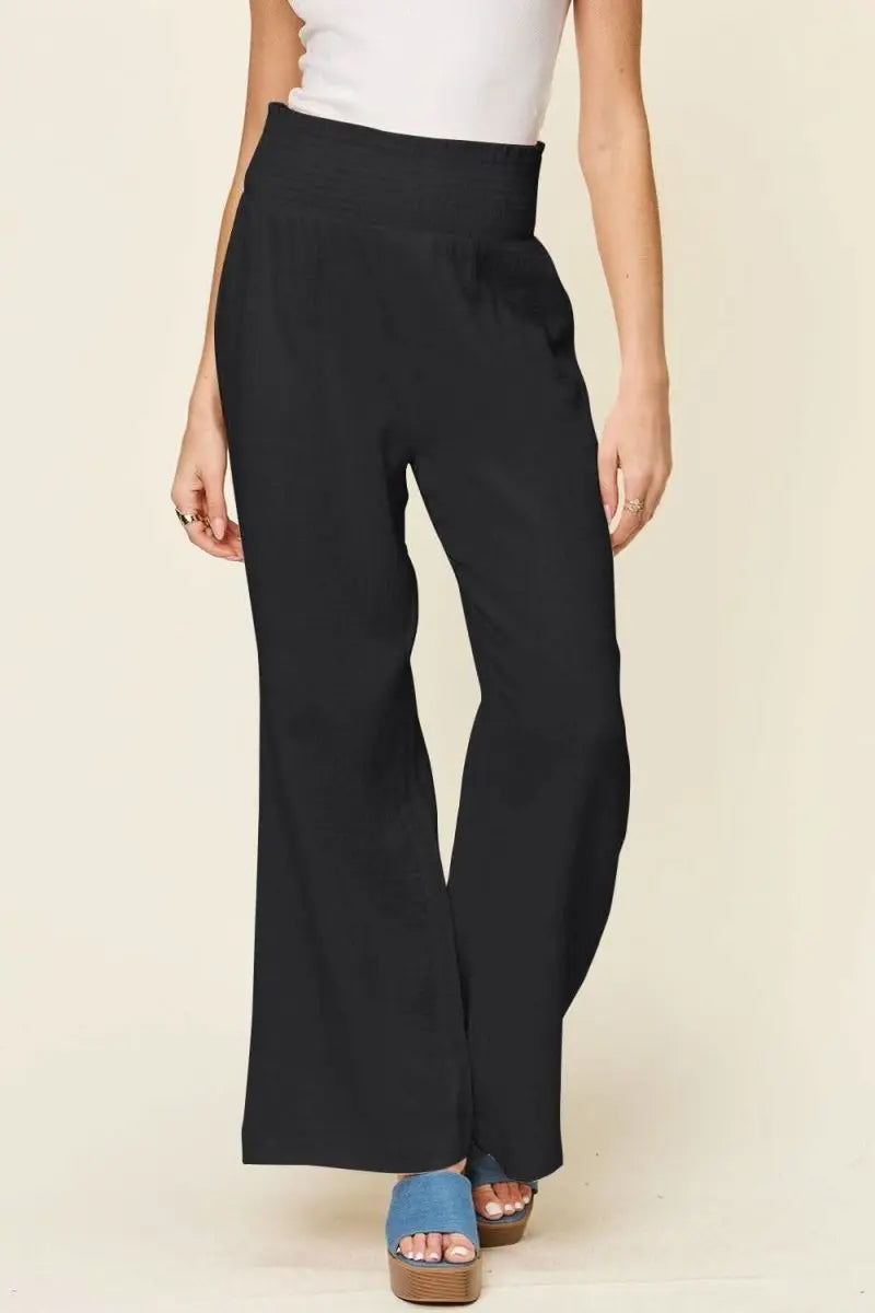 Double Take Full Size Texture Smocked Waist Wide Leg Pants - Sleekdenim.com