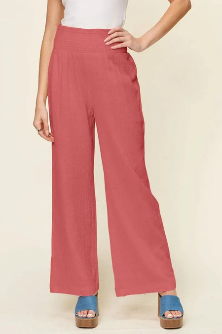 Double Take Full Size Texture Smocked Waist Wide Leg Pants - Sleekdenim.com