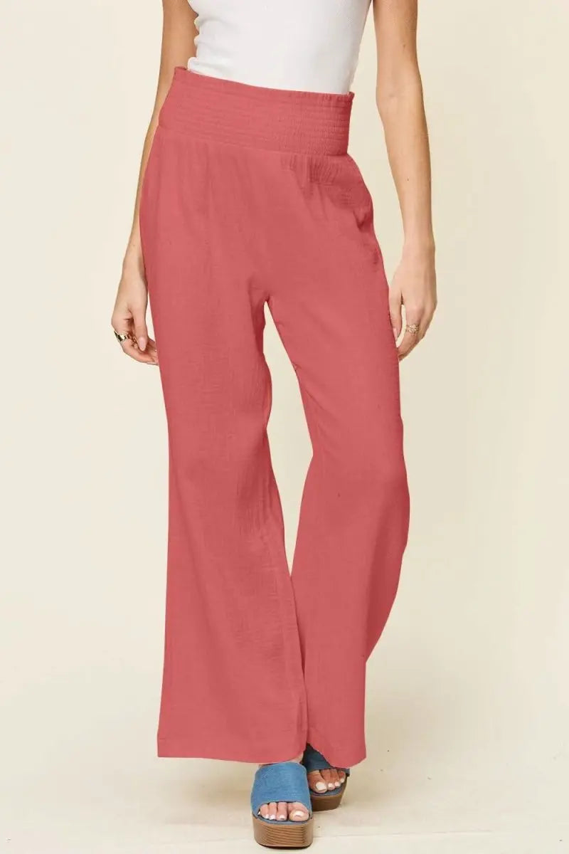 Double Take Full Size Texture Smocked Waist Wide Leg Pants - Sleekdenim.com