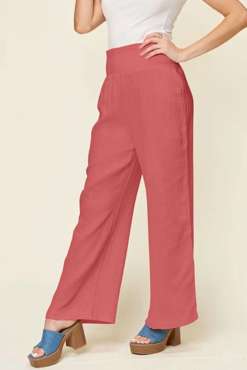 Double Take Full Size Texture Smocked Waist Wide Leg Pants - Sleekdenim.com