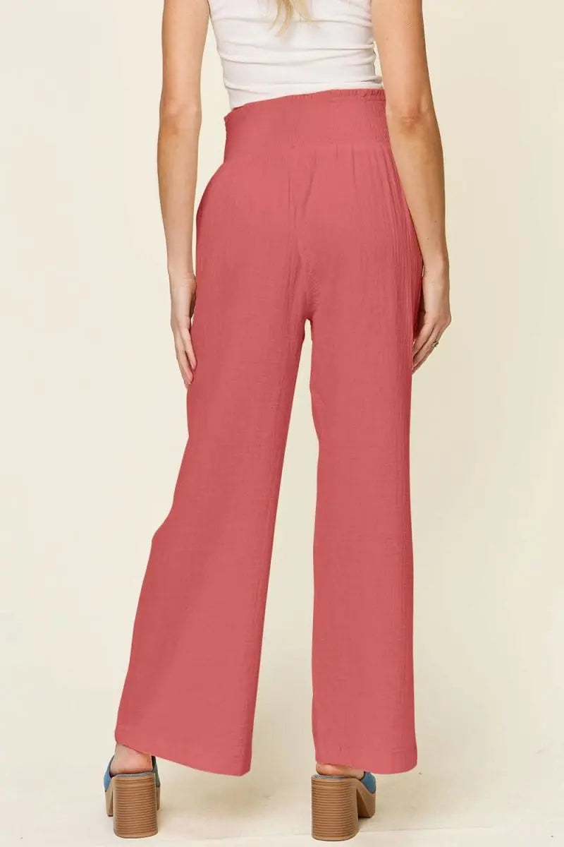 Double Take Full Size Texture Smocked Waist Wide Leg Pants - Sleekdenim.com