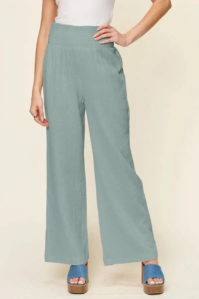 Double Take Full Size Texture Smocked Waist Wide Leg Pants - Sleekdenim.com