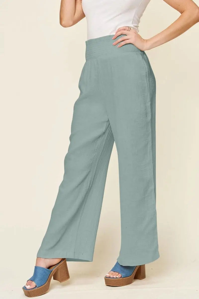 Double Take Full Size Texture Smocked Waist Wide Leg Pants - Sleekdenim.com