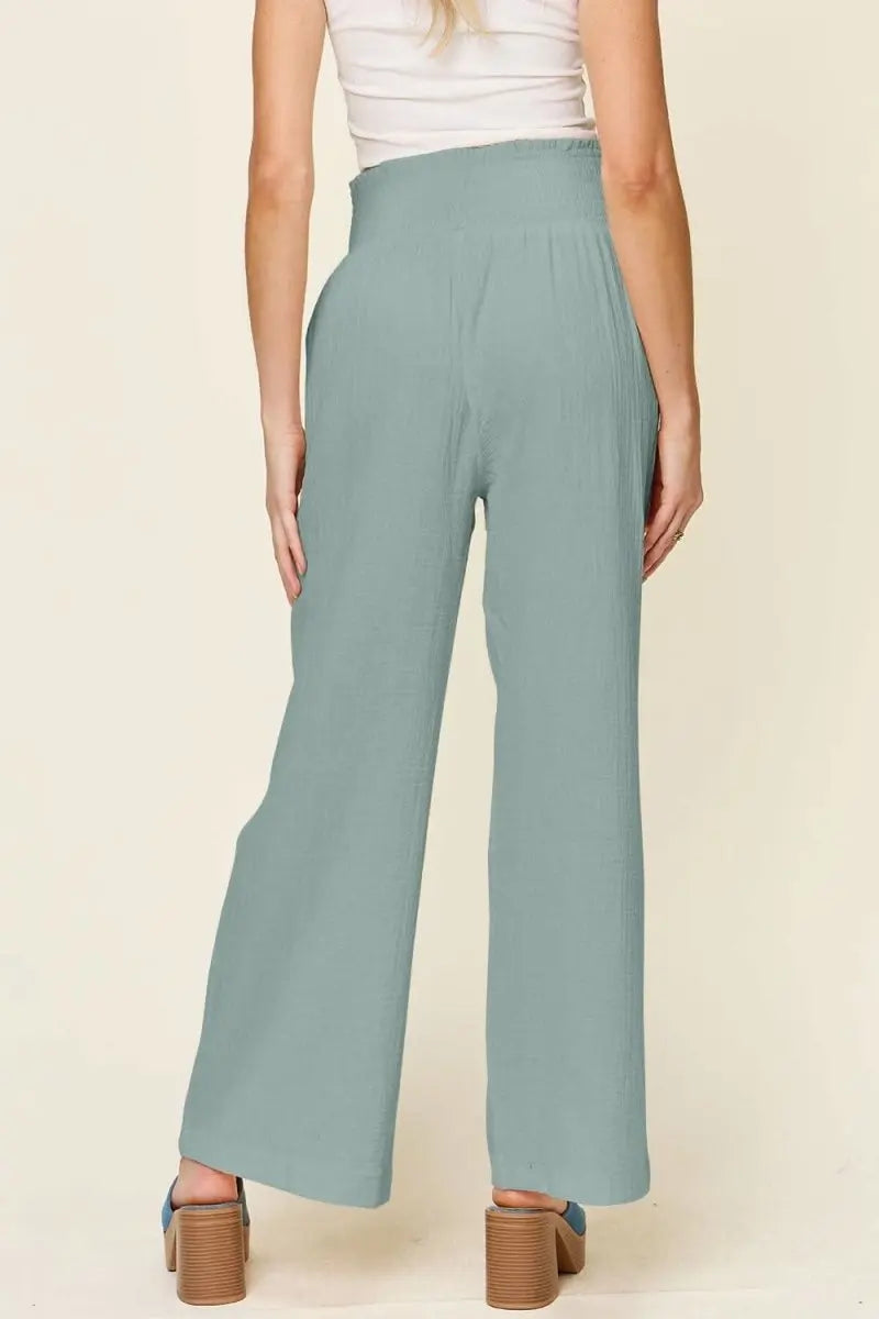 Double Take Full Size Texture Smocked Waist Wide Leg Pants - Sleekdenim.com