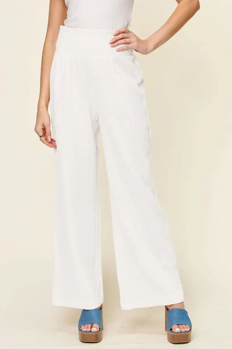 Double Take Full Size Texture Smocked Waist Wide Leg Pants - Sleekdenim.com