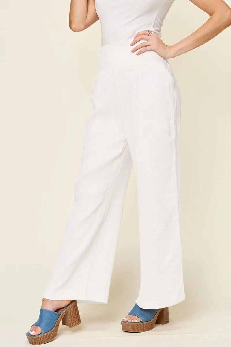 Double Take Full Size Texture Smocked Waist Wide Leg Pants - Sleekdenim.com