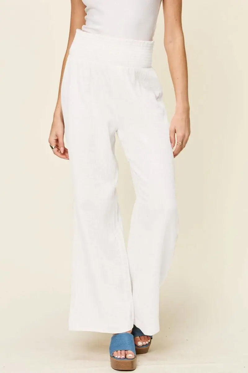 Double Take Full Size Texture Smocked Waist Wide Leg Pants - Sleekdenim.com